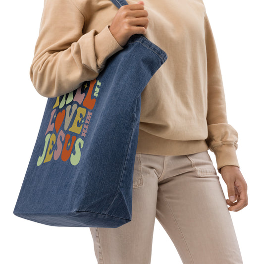 "Fall in Love with Jesus" Organic denim tote bag