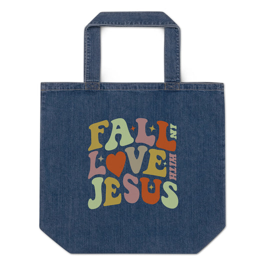 "Fall in Love with Jesus" Organic denim tote bag