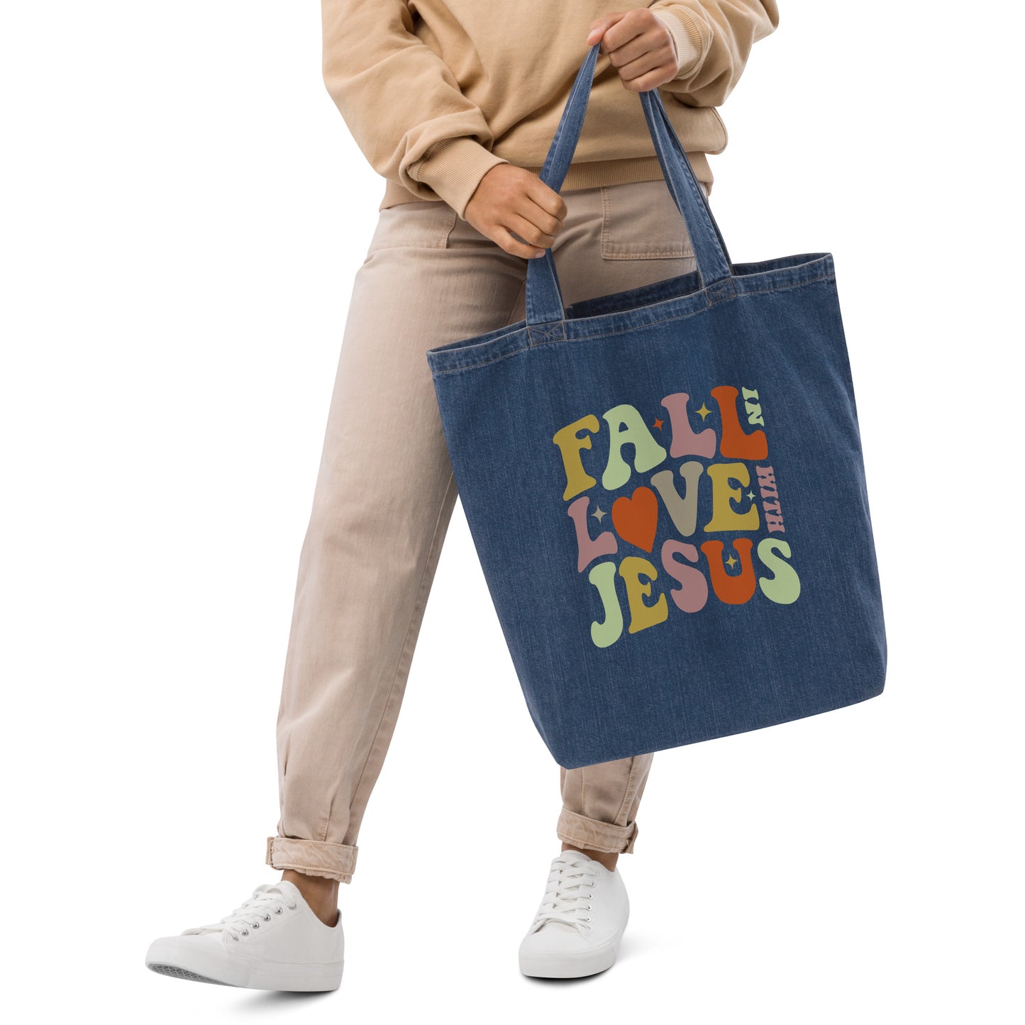 "Fall in Love with Jesus" Organic denim tote bag