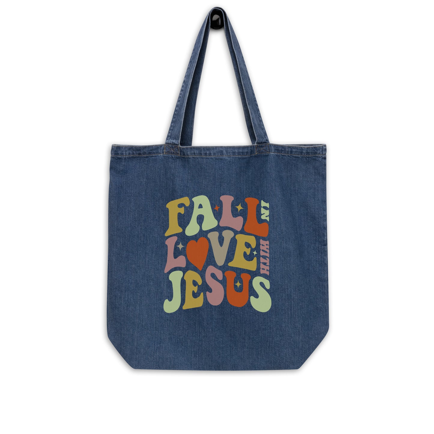 "Fall in Love with Jesus" Organic denim tote bag